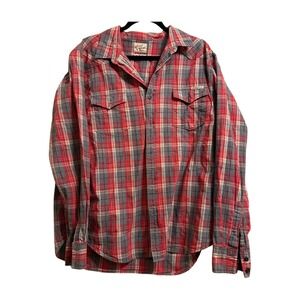Lucky Brand Mens Plaid Western Long Sleeve Button Up Shirt Red Gray X Large